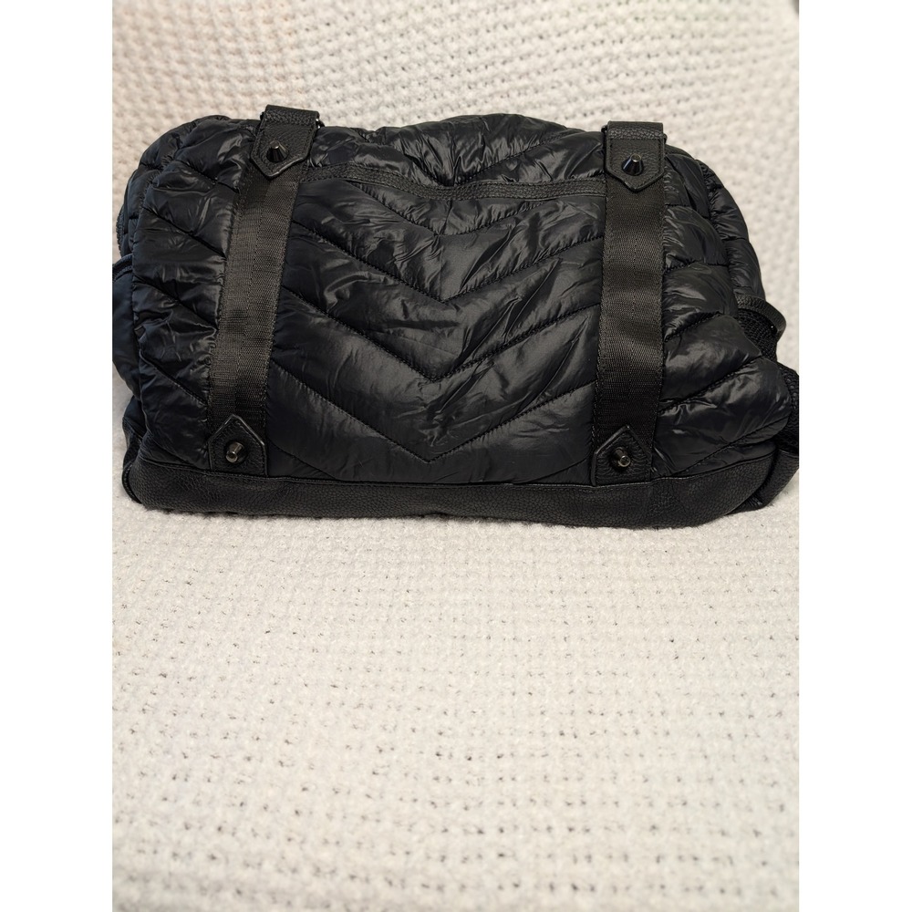 Black Chevron Quilted Puffer Duffel Bag Leopard Print Lining Studded Trim